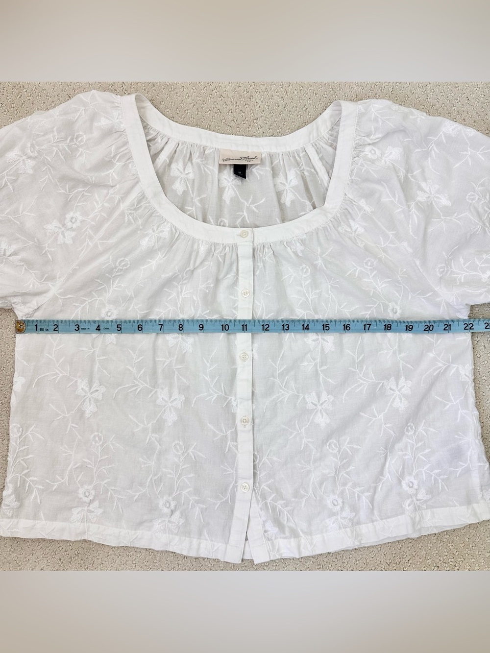 White Peasant Top Medium Short Sleeve Embroidered Lightweight Button-Front - Picture 8 of 9